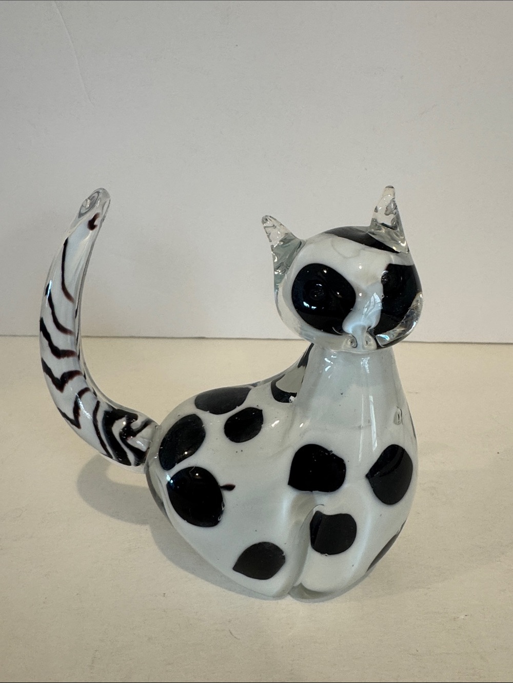 Glass Cat Figurine - Black and White Decorative Decor Ornament